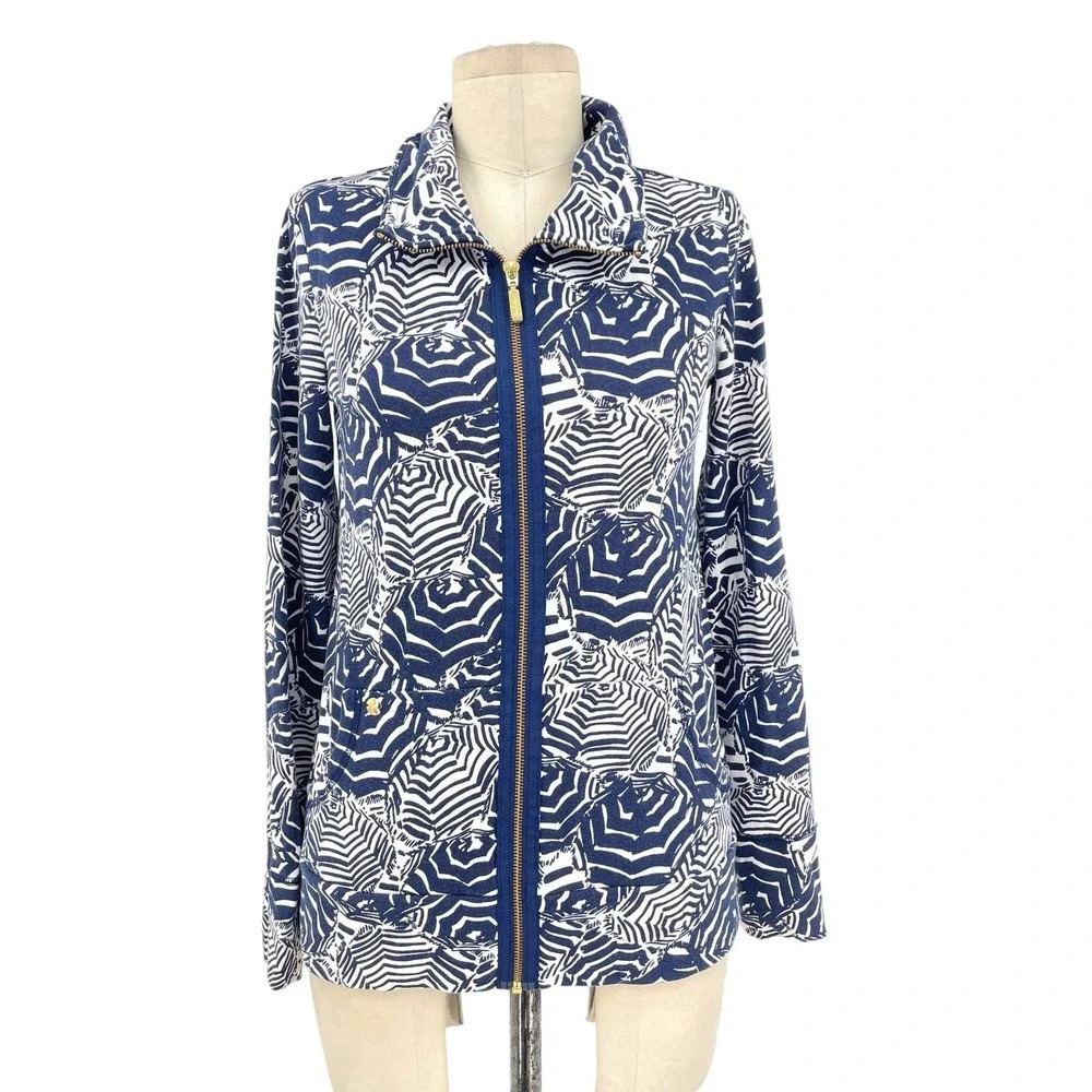 Lilly Pulitzer Leona Terry Zip Up Jacket Navy Blue Oh Cabana Boy Print Size XS